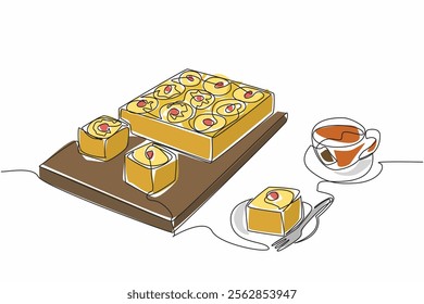 Single continuous line drawing pineapple upside-down cake in square shape on a square wooden cutting board. Aesthetics in presentation. Pineapple Upside-Down Cake. One line design vector illustration