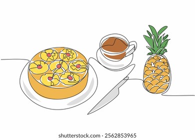 Single continuous line drawing pineapple upside-down cake in round shape on a plate. Complete dessert in a classic restaurant. Calming. Pineapple Upside-Down Cake. One line design vector illustration