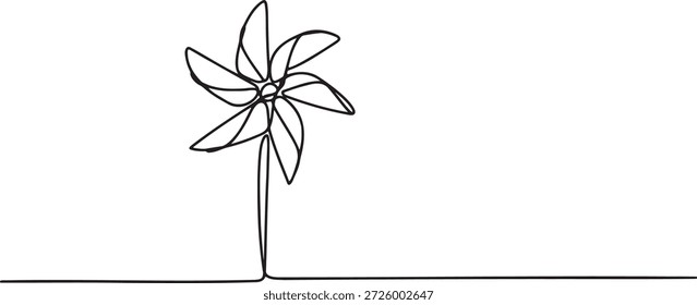 Single continuous line drawing of pinwheel. Children's toy for outdoor play. Summer fun activity. Wind spinner decoration. Simple minimalist art of a pinwheel.