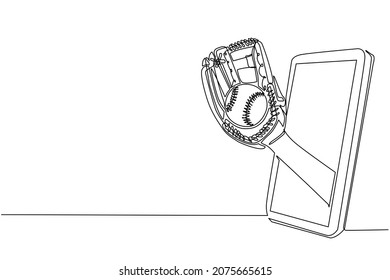 Single continuous line drawing pitcher hand holds baseball ball with glove through mobile phone. Smartphone with baseball games app. Mobile sports stream championship. One line draw design vector