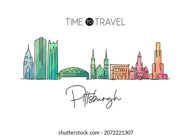 Single continuous line drawing of Pittsburgh city skyline, Pennsylvania. Famous city landscape. World travel concept home wall decor print poster art. Modern one line draw design vector illustration