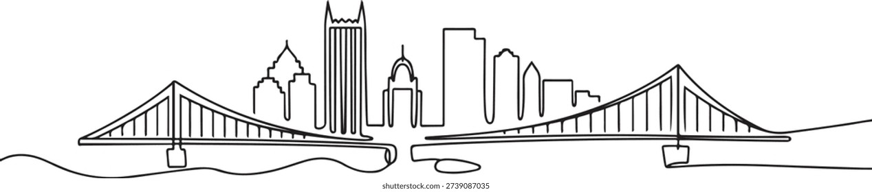 Single continuous line drawing of Pittsburgh city skyline, Pennsylvania. Famous city landscape. World travel concept home wall decor print poster art. one line Icon drawing
