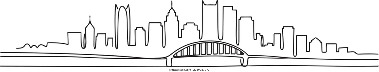 Single continuous line drawing of Pittsburgh city skyline, Pennsylvania. Famous city landscape. World travel concept home wall decor print poster art. one line Icon drawing
