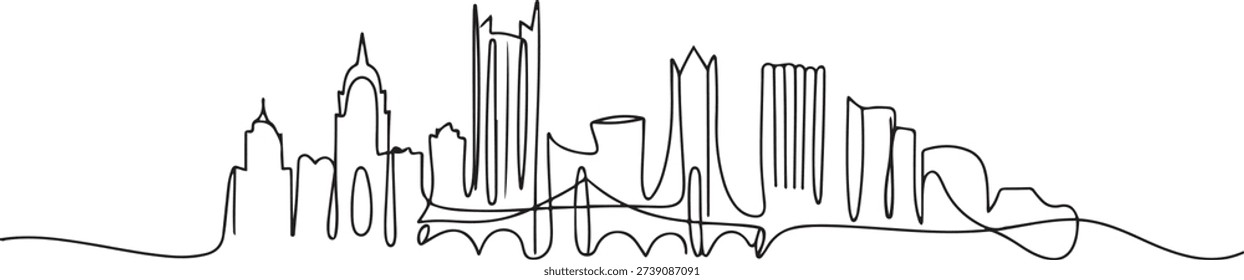 Single continuous line drawing of Pittsburgh city skyline, Pennsylvania. Famous city landscape. World travel concept home wall decor print poster art. one line Icon drawing
