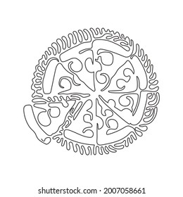 Single continuous line drawing pizza with tomato, cheese, olive, sausage, onion, basil. Traditional Italian fast food. Swirl curl circle background style. Dynamic one line draw graphic design vector