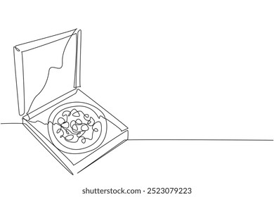 Pizza de desenho de linha única contínua em uma caixa com a tampa aberta. Várias coberturas. Oferecendo o prazer da comida tradicional. Prazer italiano. Dia Nacional da Pizza. Ilustração de vetor de design de uma linha