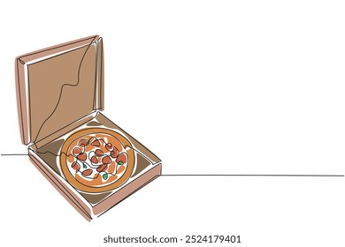 Pizza de desenho de linha única contínua em uma caixa com a tampa aberta. Várias coberturas. Oferecendo o prazer da comida tradicional. Prazer italiano. Dia Nacional da Pizza. Ilustração de vetor de design de uma linha