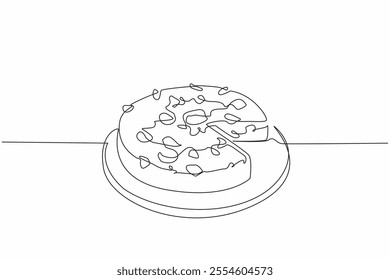 Single continuous line drawing pizza cake with the cut portion on a round wooden tray. Served to share the pleasure. Very filling. International Pizza Cake Day. One line design vector illustration