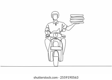 Single continuous line drawing pizza delivery man riding a motorbike. Delivering some delicious pizza stacks to consumers. Pizza Delivery Driver Appreciation Day. One line design vector illustration