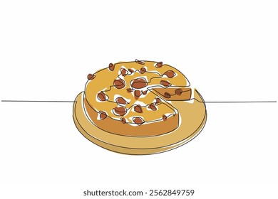 Single continuous line drawing pizza cake with the cut portion on a round wooden tray. Served to share the pleasure. Very filling. International Pizza Cake Day. One line design vector illustration