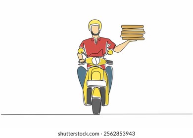 Single continuous line drawing pizza delivery man riding a motorbike. Delivering some delicious pizza stacks to consumers. Pizza Delivery Driver Appreciation Day. One line design vector illustration