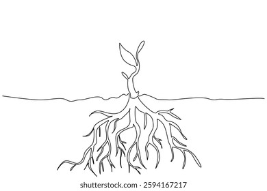 Single continuous line drawing plant shoots with thick roots underground. Strong plant candidates support life on earth. Eco. International Day of Plant Health. One line design vector illustration