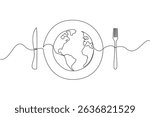 Single continuous line drawing a plate with a globe in the middle with knife and fork on the right and left. Annual problem that keeps happening. World Hunger Day. One line design vector illustration