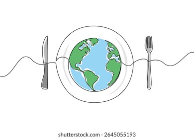 Single continuous line drawing a plate with a globe in the middle with knife and fork on the right and left. Annual problem that keeps happening. World Hunger Day. One line design vector illustration
