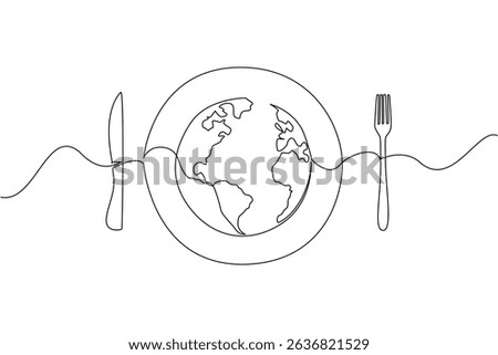 Single continuous line drawing a plate with a globe in the middle with knife and fork on the right and left. Annual problem that keeps happening. World Hunger Day. One line design vector illustration