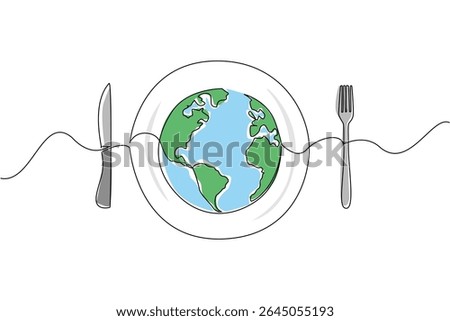 Single continuous line drawing a plate with a globe in the middle with knife and fork on the right and left. Annual problem that keeps happening. World Hunger Day. One line design vector illustration