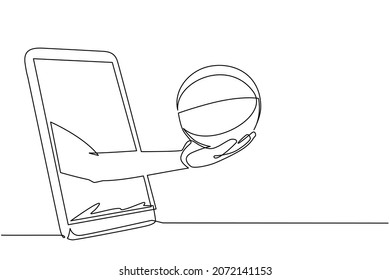 Single continuous line drawing player hand holds basketball ball through mobile phone. Smartphone with app basketball. Mobile sports stream championship. One line draw design vector illustration