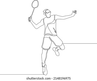 Single continuous line drawing a player badminton jumping and smash  the ball at game. Sport exercise concept. Trendy one line draw design vector illustration for badminton tournament.