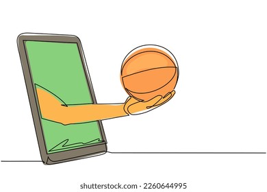 Single continuous line drawing player hand holds basketball ball through mobile phone. Smartphone with app basketball. Mobile sports stream championship. One line draw design vector illustration