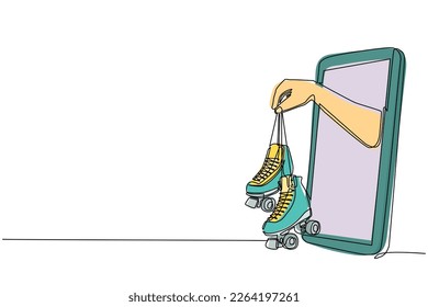 Single continuous line drawing player hand holds roller skates through mobile phone. Smartphone with roller skate games app. Mobile sports stream championship. One line draw design vector illustration