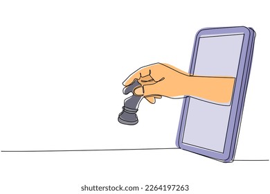 Single continuous line drawing player hand holds chess knight horse through mobile phone. Smartphone with chess games app. Mobile sport stream championship. Dynamic one line draw graphic design vector