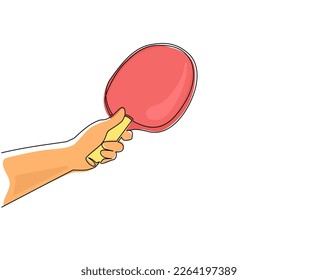 Single continuous line drawing player hand holding table tennis bat  Hand holding ping pong paddle racket against white background  Outdoor summer activity  Dynamic one line draw graphic design vector