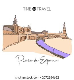 Single continuous line drawing Plaza de Espana landmark. Beautiful famous place in Sevilla, Spain. World travel tour home wall decor poster art concept. Modern one line draw design vector illustration