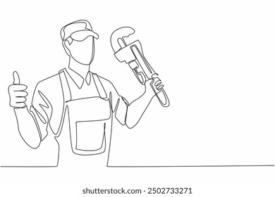 Single continuous line drawing plumber holding big wrench with thumbs up gesture. Approval to build new water pipeline. To be more efficient. World Plumbing Day. One line design vector illustration