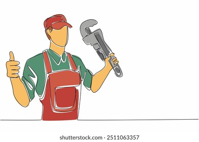 Single continuous line drawing plumber holding big wrench with thumbs up gesture. Approval to build new water pipeline. To be more efficient. World Plumbing Day. One line design vector illustration