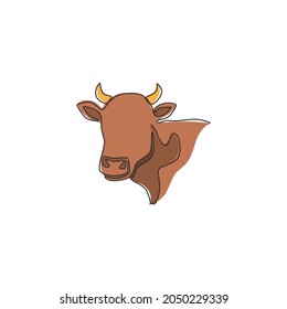 Single continuous line drawing of plump cow head for farming logo identity. Mammal animal mascot concept for livestock icon. One line graphic draw design vector illustration
