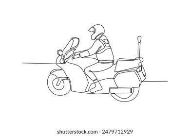 Single continuous line drawing Police are patrolling the streets on motorbikes. One line draw graphic design vector illustration.