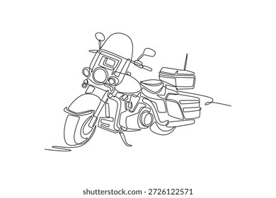 Einzelne durchgehende Linie Zeichnung Polizei Patrouille Motorrad. Große Windschutzscheibe, Sirenenkomponenten, Aufbewahrungsboxen und schwerer Rahmen für die Durchsetzung des Stadtrechts. Grafisches Design, Vektorgrafik mit einer Linie
