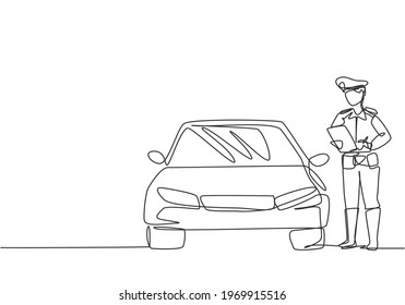 Single continuous line drawing policeman with uniform is ticketing a driver who uses a car for violating traffic signs. Regulations must be enforced. One line draw graphic design vector illustration.