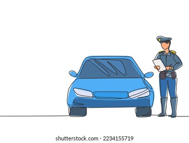 Single continuous line drawing policeman with uniform is ticketing a driver who uses a car for violating traffic signs. Regulations must be enforced. One line draw graphic design vector illustration.