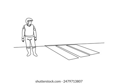 Single continuous line drawing A policeman wearing a full uniform is controlling road traffic. One line draw graphic design vector illustration.