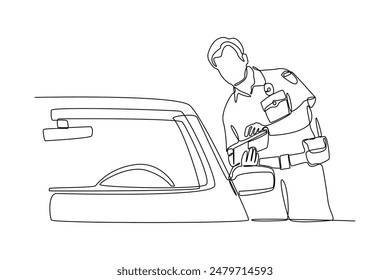 Single continuous line drawing a policeman was checking a car parked haphazardly. One line draw graphic design vector illustration.