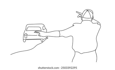 Single continuous line drawing a policeman directing traffic. Police activities minimalist concept. One line draw graphic design vector illustration.