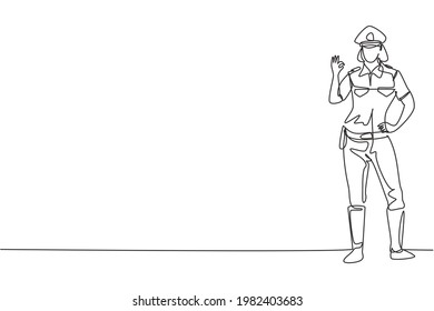 Una sola policía de dibujo de línea continua de pie con gesto bien y uniforme completo trabaja para controlar el tráfico de vehículos en la autopista. En espera de patrulla. ilustración vectorial de diseño gráfico de una línea