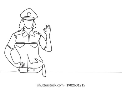 Eine einzige durchgehende Ziehpolizei mit Geste OK und vollkommener Uniform bereit, die Verkehrsdisziplin auf der Autobahn durchzusetzen. Patrouille im Bereitschaftsdienst. Dynamische Einzeilengrafik-Grafik, Vektorgrafik