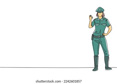 Una sola policía de dibujo de línea continua de pie con gesto bien y uniforme completo trabaja para controlar el tráfico de vehículos en la autopista. En espera de patrulla. ilustración vectorial de diseño gráfico de una línea