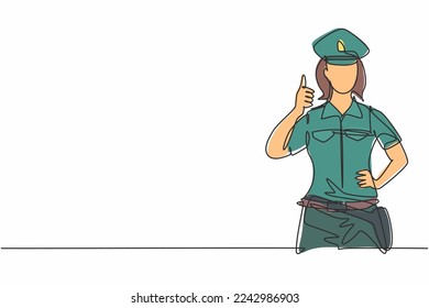 Una sola línea contínua dibujando a la policía con un gesto de aprobación y con uniforme completo está lista para imponer disciplina de tránsito en la autopista. ilustración vectorial de diseño gráfico de una línea