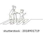 Single continuous line drawing polite boy help grandmother cross street. Well mannered child assistance to aged woman. Kid and elderly female go on crosswalk together. One line graphic design vector