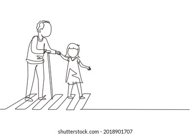 Single continuous line drawing polite girl helping grandfather to cross street. Courteous kind kid taking old man across road, holding hand. Manners and respect. One line draw graphic design vector