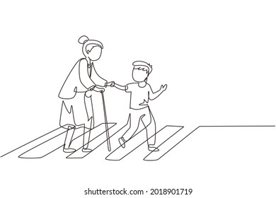 Single continuous line drawing polite boy help grandmother cross street  Well mannered child assistance to aged woman  Kid   elderly female go crosswalk together  One line graphic design vector