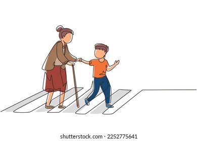 Una sola línea contínua dibujando educado niño ayuda a la abuela a cruzar la calle. Asistencia infantil bien educada a las mujeres de edad. Niña y anciana van juntas en travesía. vector de diseño gráfico de una línea