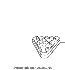 Single continuous line drawing pool or American billiards balls in triangle. Snooker balls with numbers in wooden rack for pool room sport game or championship tournament. One line draw design vector