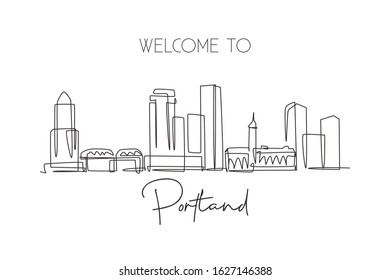 Single continuous line drawing of Portland city skyline, USA. Famous city scraper and landscape. World travel concept home wall decor art poster print. Modern one line draw design vector illustration