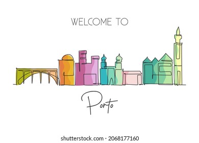 Single continuous line drawing of Porto city skyline, Portugal. Famous city scraper landscape. World travel home art wall decor poster print concept. Modern one line draw design vector illustration