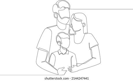 Single continuous line drawing of Portrait of happy successful young family with son. one line draw design graphic vector illustration.