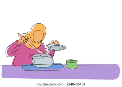 Un retrato de dibujo de una bella y feliz mujer árabe sosteniendo un vaso de jugo de naranja. Hacerla refrescante en temporada de verano. ilustración vectorial de diseño gráfico de una línea dinámica